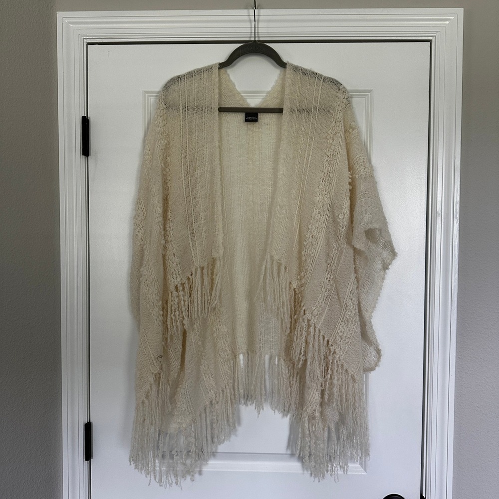 MILHUA 100%‎ Baby Alpaca Wool Fringe Poncho Wrap Cream Ivory Made in Peru OS